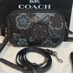 Coach Tea Rose Black and Blue Floral Clutch/crossbody